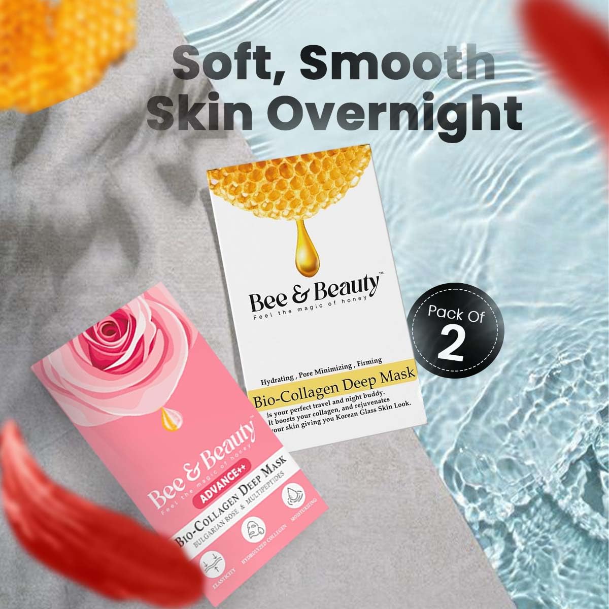 Bee & Beauty Bio Collagen Overnight Face Mask & Pink Deep Mask -Combo Pack Of 2 | Korean Mask For Glass Skin | Sheet Mask For Deep Hydration, Pore minimizing With Goodness Of Honey and Bulgarian Rose