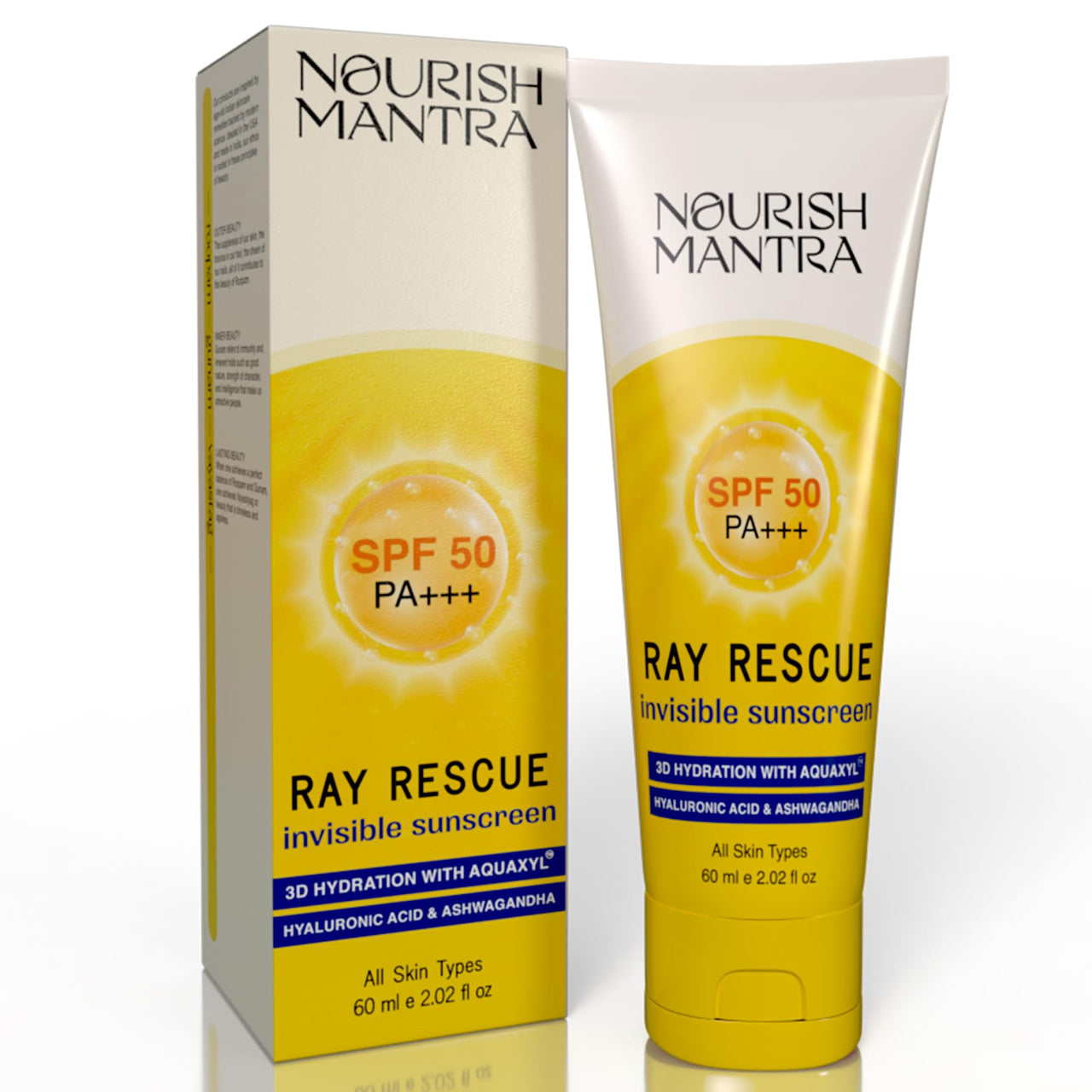 Nourish Mantra Ray Rescue Sunscreen/Sunscreen SPF 50/ With Hyaluronic Acid, Aquaxyl, Aloe Vera Extracts & Ashwagandha Extracts/No White Cast/For Both Men & Women / 60 ml (Pack of 1))