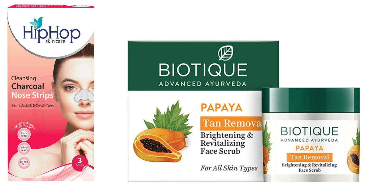 HipHop Skincare Charcoal Nose Strips for Women - Blackhead Remover (3 Strips) and Biotique Bio Papaya Revitalizing Tan Removal Scrub for All Skin Types, 75g
