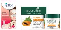 HipHop Skincare Charcoal Nose Strips for Women - Blackhead Remover (3 Strips) and Biotique Bio Papaya Revitalizing Tan Removal Scrub for All Skin Types, 75g