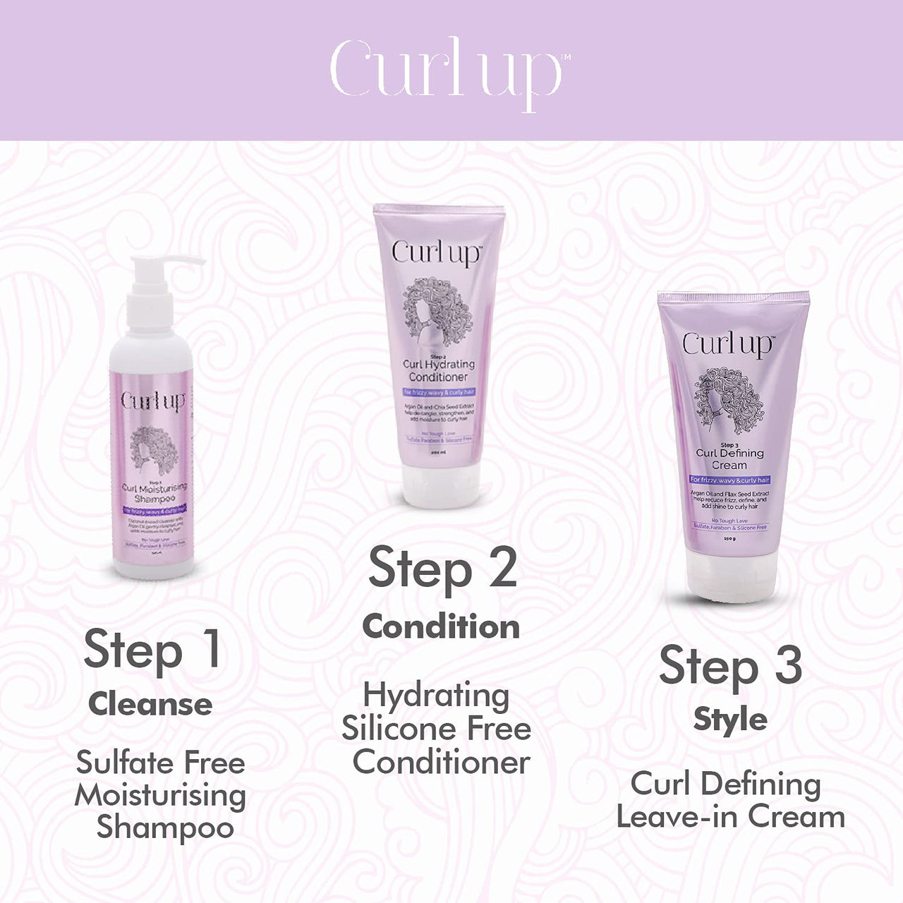 Curl Up Curl Care Bundle with Curly Hair Shampoo, Conditioner and Leave in Curl Defining Cream - For Dry Frizzy, Wavy & Curly Hair - Sulphate Paraben And Silicone Free (Combo of 3)