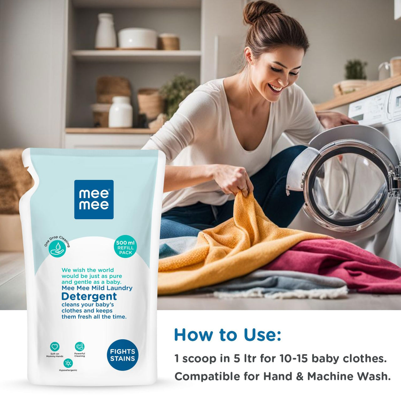 Mee Mee Baby Liquid Detergent 500 ml | Ph balanced, Free from Harsh Chemicals, Safe for mother's hands & baby's skin | Anti-Bacterial, Removes Stains & Odor with One Drop, Hypoallergenic