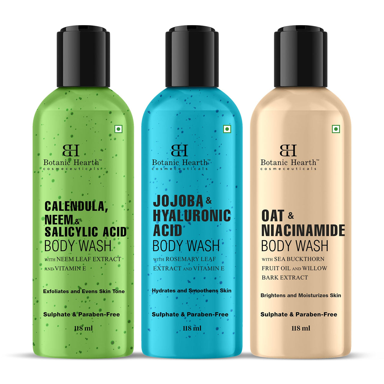 Botanic Hearth Body Wash Set of 3 – Jojoba, Oat & Neem | Soothing & Exfoliating Shower Gel with Niacinamide & Salicylic Acid | Deep Cleansing & Hydrating | For All Skin Types | 118ml Each