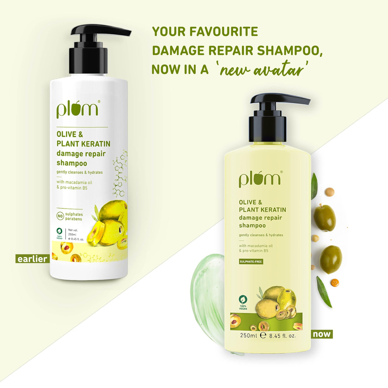 Plum Olive & Plant Keratin Damage Repair Shampoo | Sulphate-Free Shampoo | With Olive Oil, Plant Keratin, Macadamia Oil | Strengthens & Smoothens Hair, Conditions & Adds Shine to Hair | For Damaged, Salon-Treated Hair | 250 ml