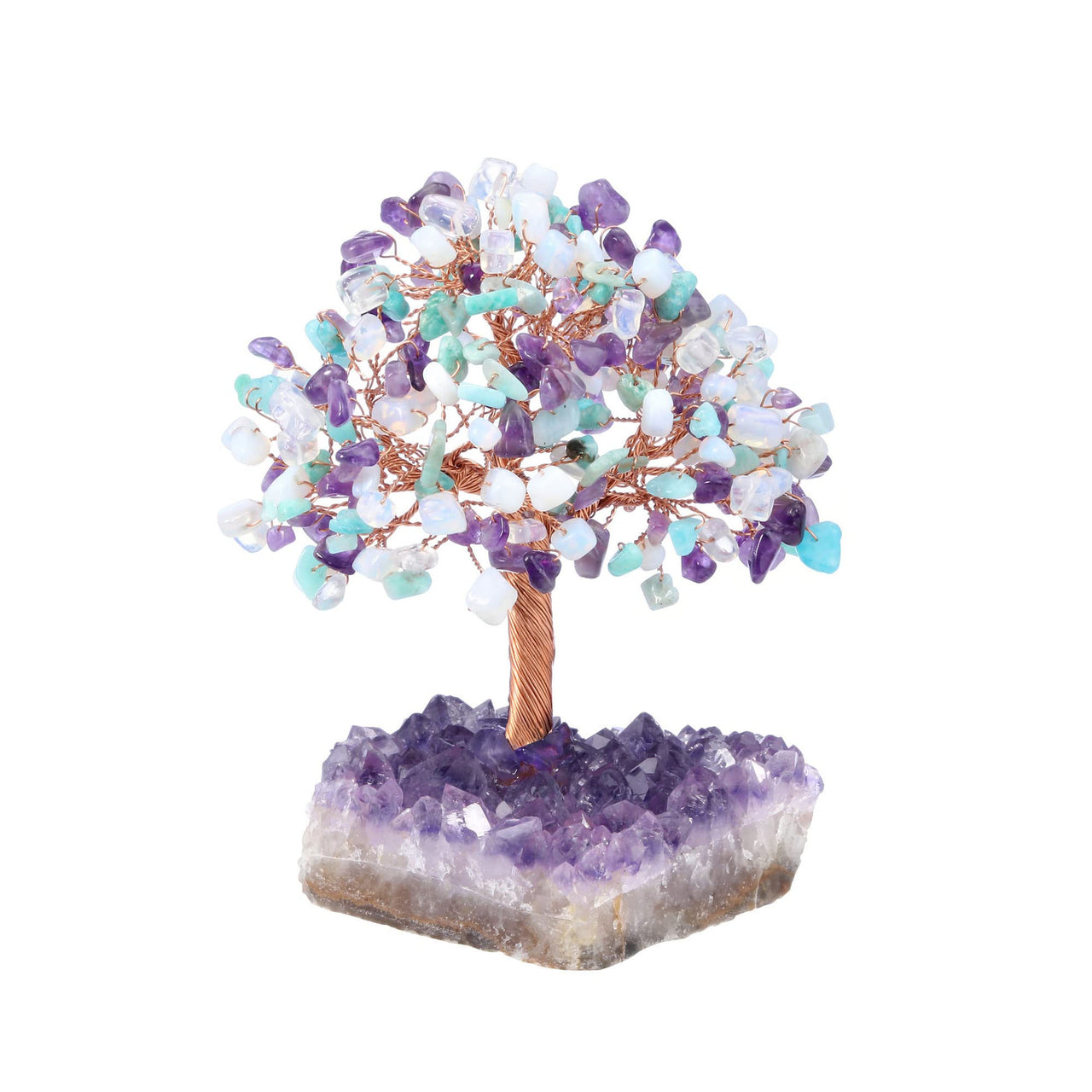 Jovivi Natural Amethyst/Amazonite/Opalite Mixed Healing Crystal Money Tree on Amethyst Cluster Geode Druzy Base Feng Shui Crystals for Home Office Desk Decorations, Wealth, Good Luck Amethyst+amazonite+opalite