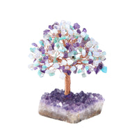 Jovivi Natural Amethyst/Amazonite/Opalite Mixed Healing Crystal Money Tree on Amethyst Cluster Geode Druzy Base Feng Shui Crystals for Home Office Desk Decorations, Wealth, Good Luck Amethyst+amazonite+opalite