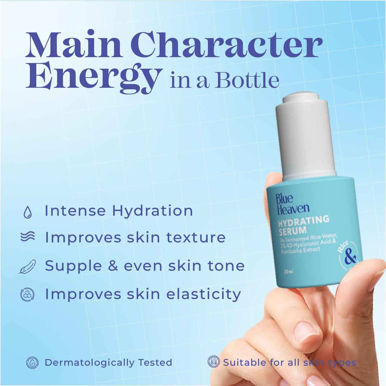 Blue Heaven Hydrating Face Serum for Women infused 5% Fermented Rice Water + 2% 4D Hyaluronic Acid + 0.5% Kombucha Extract | Increase Skin Elasticity | Glowing Skin & Reduces Fine Lines, 20ml