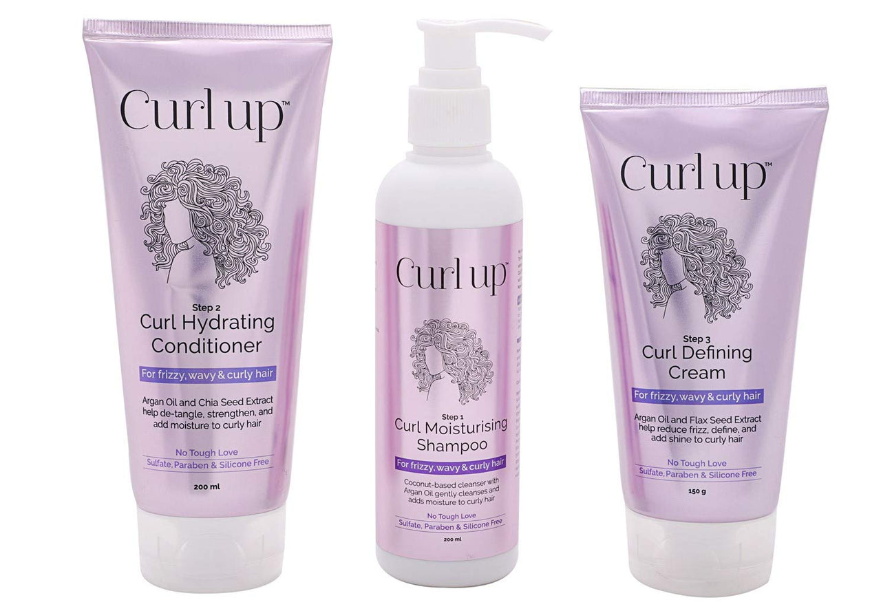 Curl Up Curl Care Bundle with Curly Hair Shampoo, Conditioner and Leave in Curl Defining Cream - For Dry Frizzy, Wavy & Curly Hair - Sulphate Paraben And Silicone Free (Combo of 3)
