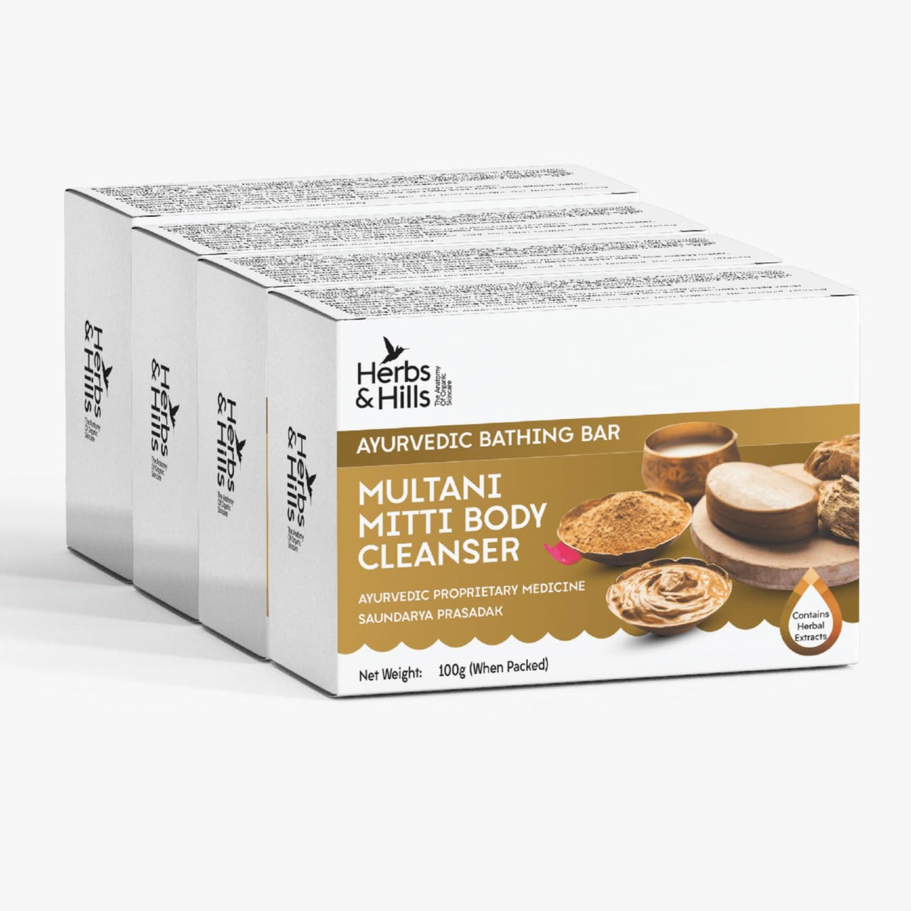 Herbs & Hills Multani Mitti Body Cleanser Pack of 4-100g Each | Gentle Exfoliation for Glowing Skin | Banish Pimples and Scars | Soothe Skin Irritations