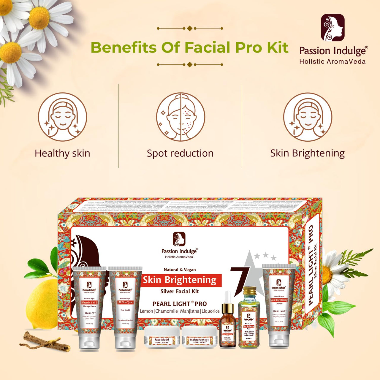 Passion Indulge Pearl Light 7 Star Pro Silver Facial Kit For Skin Brightening & Shine With Lemon, Chamomile, Manjistha, Liquorice | All Skin Types | Natural & Vegan | professional Kit| skin lightening| spot reduction | 7 Steps