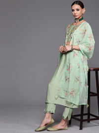 INDO ERA Women's  Silk Blend Floral Straight Kurta Pant with Dupatta Set