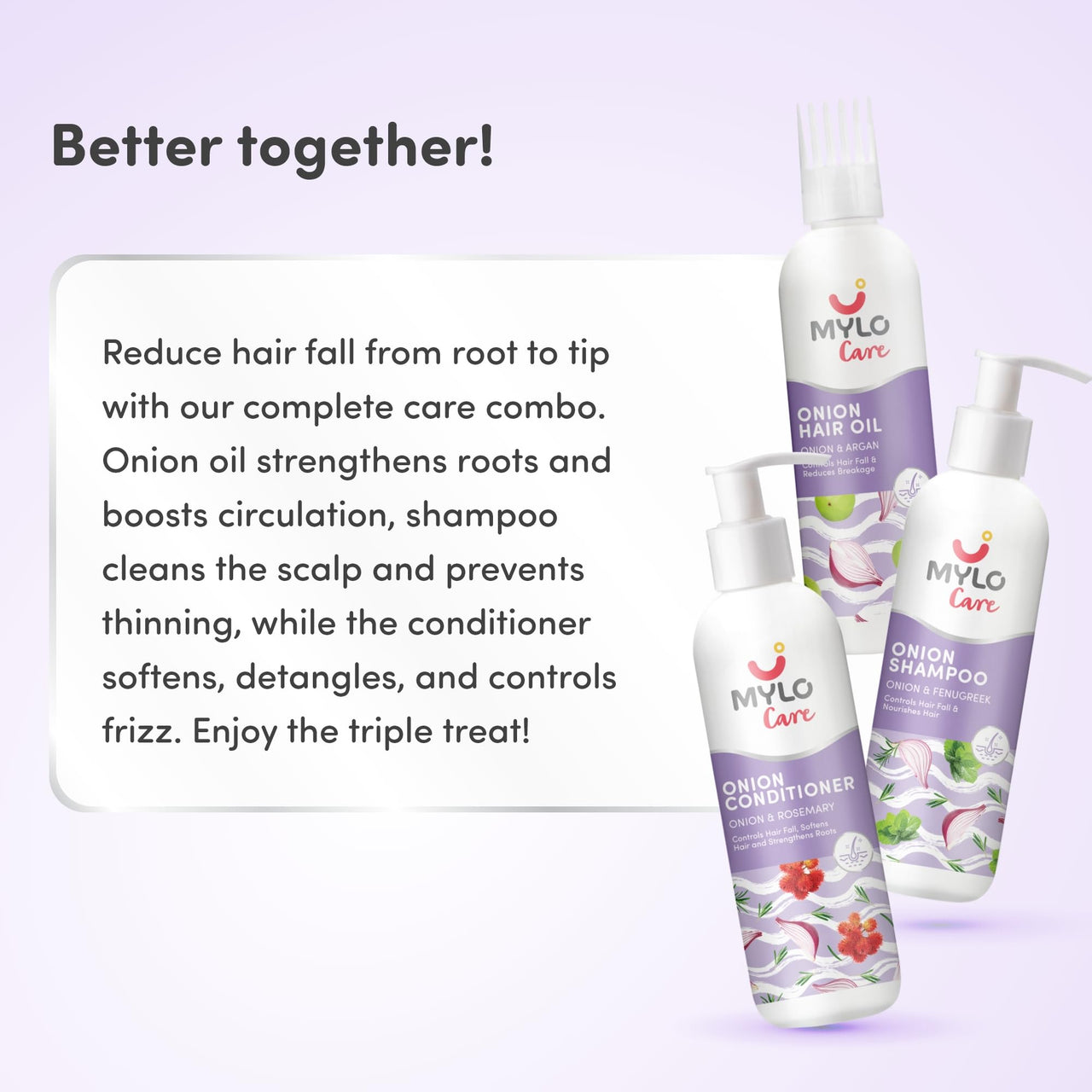 Mylo Anti Hairfall Onion Care Kit - Reduces Hair Fall | Improves Scalp Health - Oil (200 ml), Shampoo (200 ml) & Conditioner (200 ml)