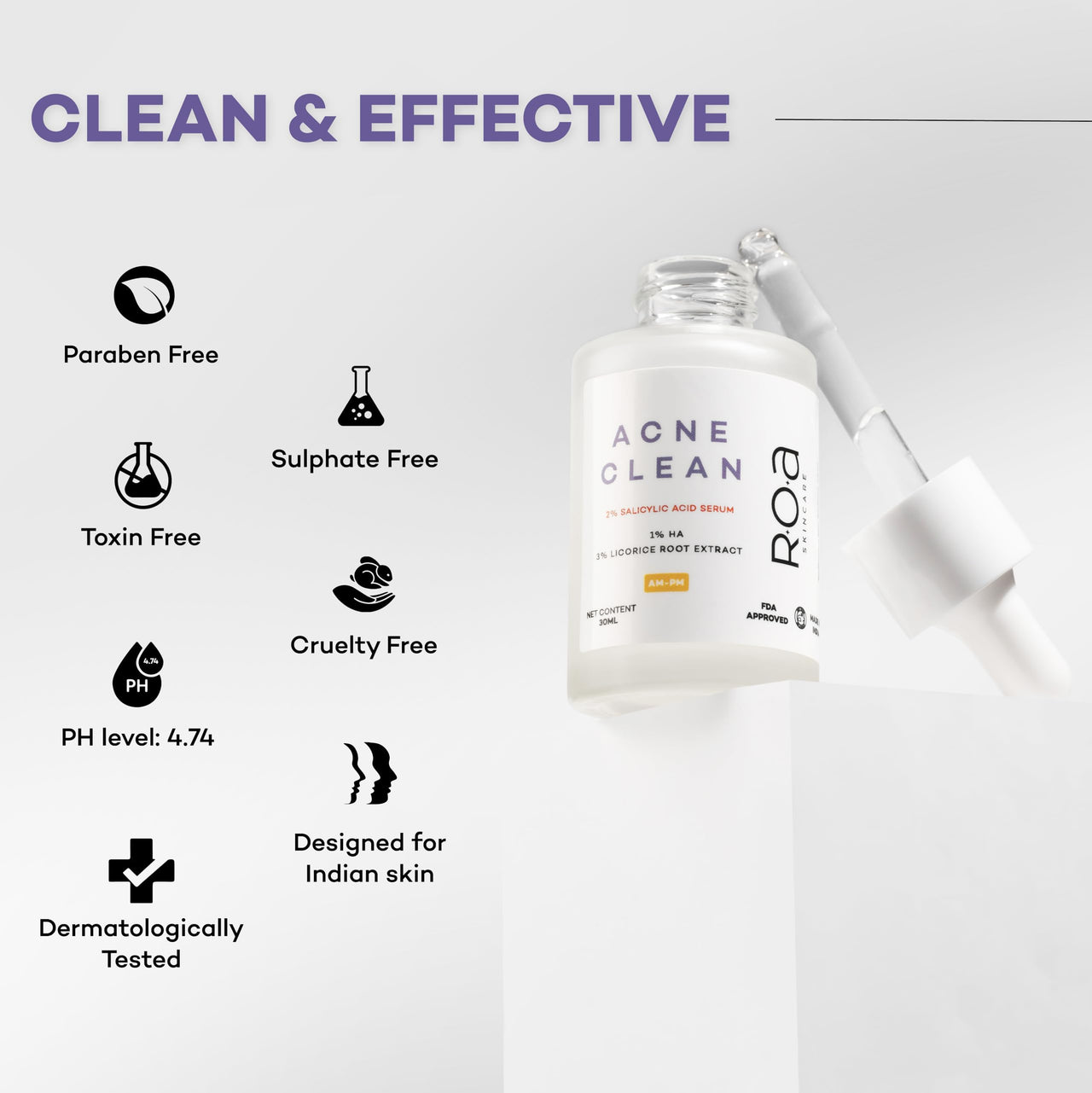 R.O.A Skincare Acne Clean | 2% Salicyclic Acid, 3% Licorice Root Extract, 1% Ha Serum for face acne, blackheads and open pores | Improves skin texture for Acne Prone skin | Men & Women | 30Ml