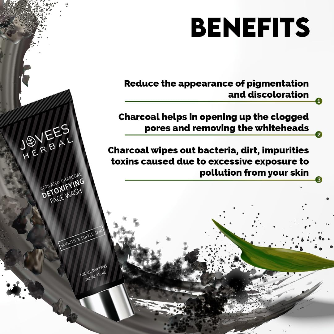 Jovees Herbal Activated Charcoal Detoxifying Face Wash For Smooth & Supple Skin Oily & Acne Prone Skin 120 ML (Pack Of 2)