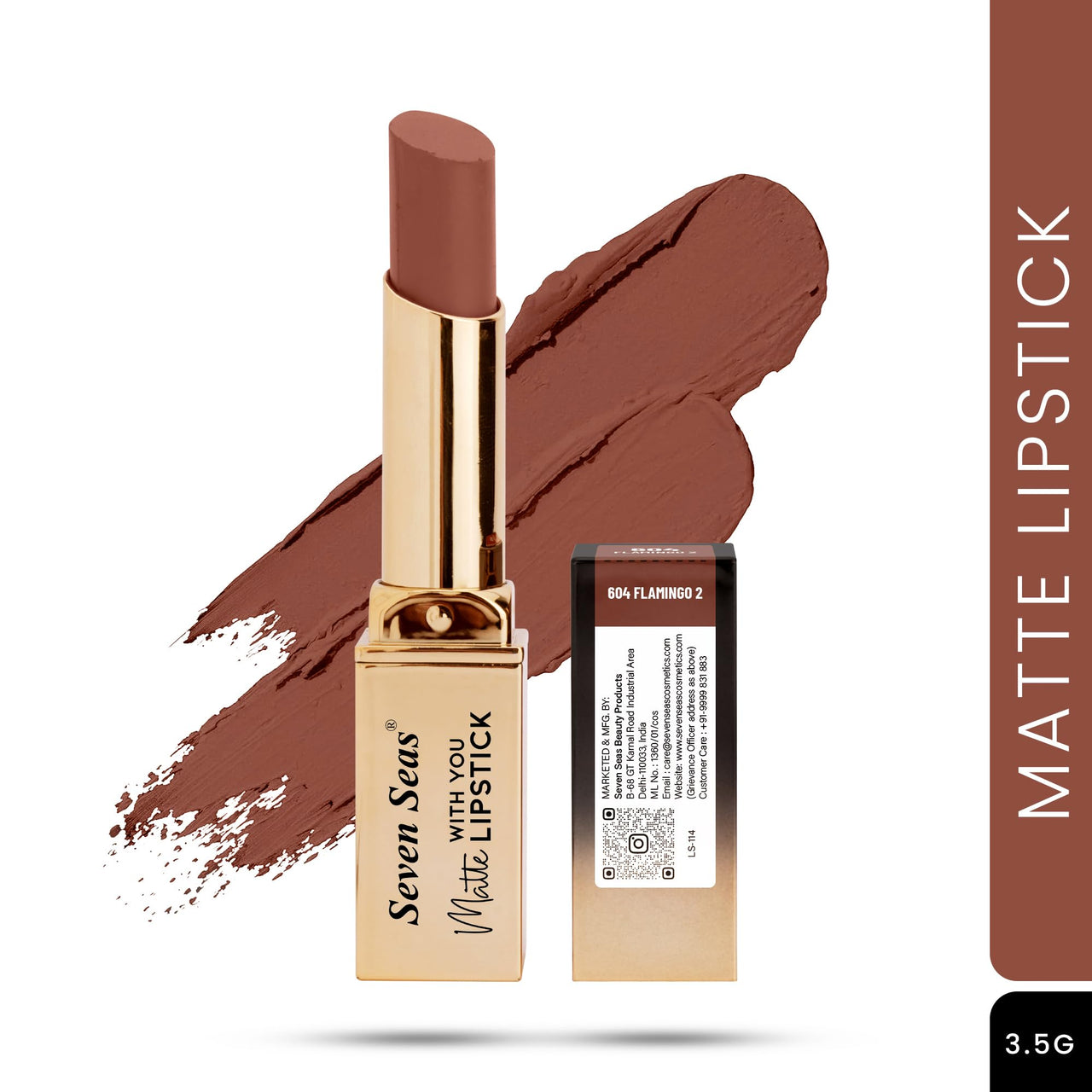 Seven Seas Matte With You Long Lasting Lipstick | Smooth Application |Transferproof & Smudge Proof | Highly Pigmented Lipstick for Women (Flamingo II)