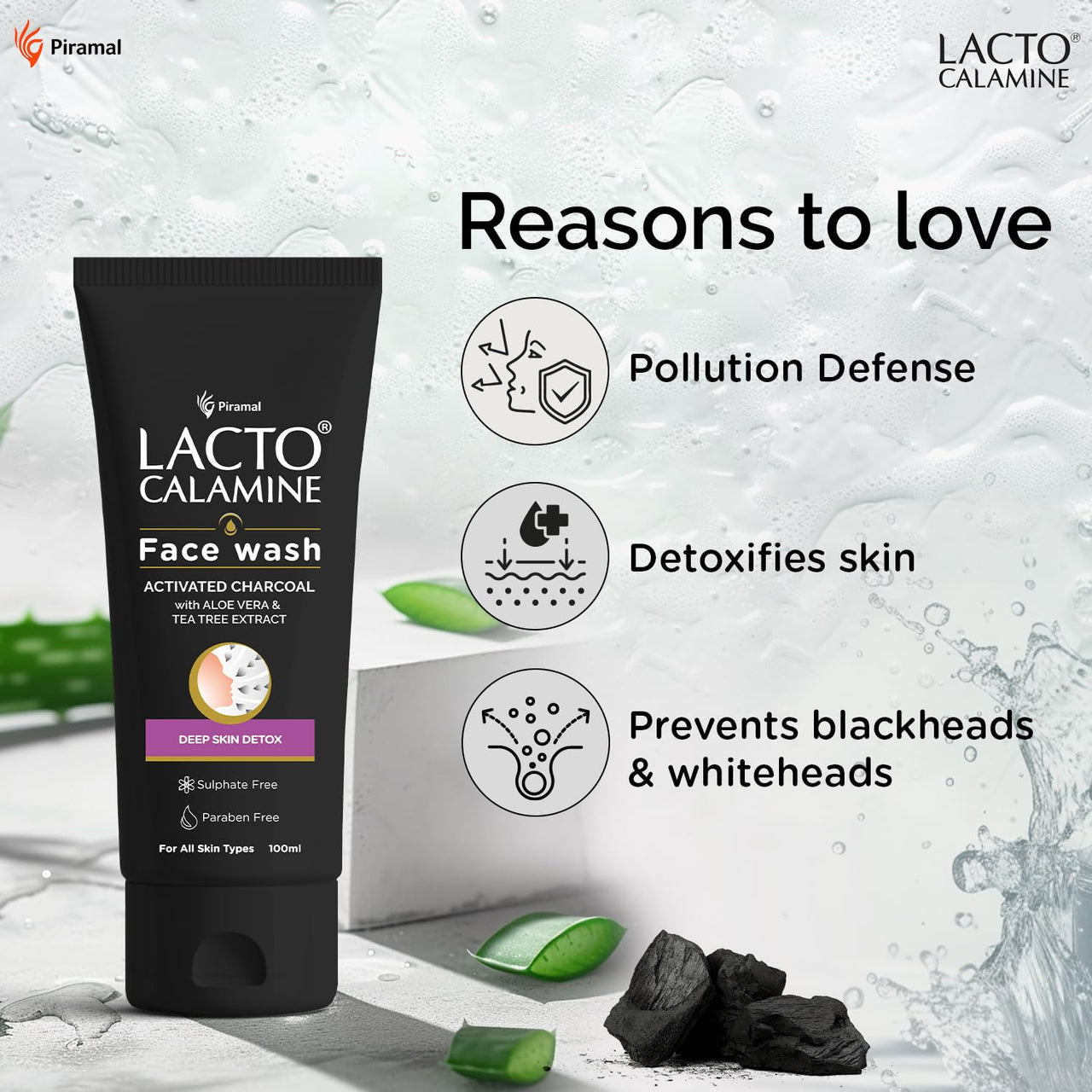 Lacto Calamine Activated Charcoal Face Wash with Aloe Vera & Tea Tree Extract for Deep Skin Detox. Removes impurities and fights blackheads & whiteheads. No Parabens, No Sulphates - 100 ml Pack of 1