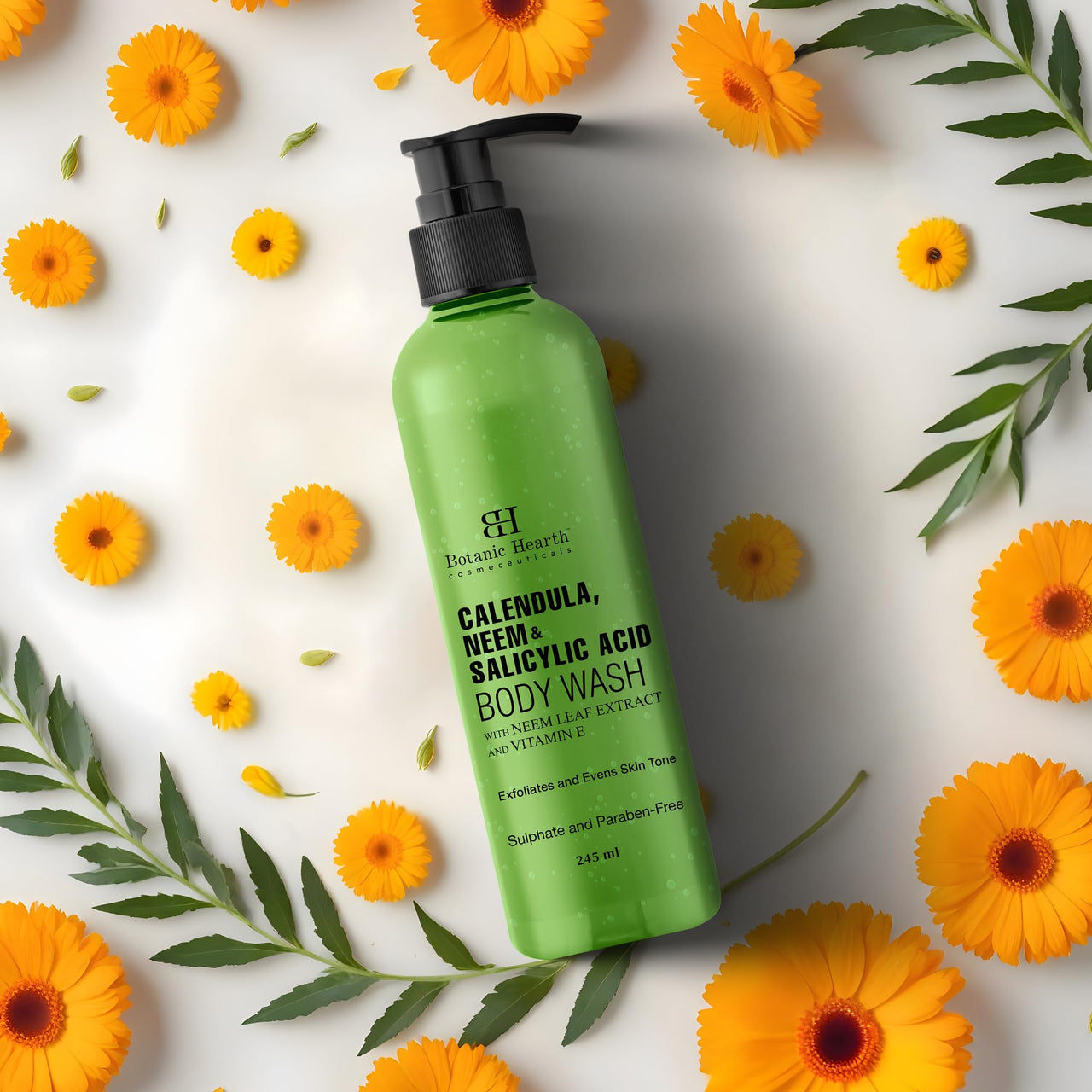 Botanic Hearth Calendula, Neem & Salicylic Acid Body Wash | Prevents Acne & Back Acne, Removes Dead Skin, Exfoliating Body Wash Shower Gel for Women & Men | Sulfate & Paraben Free | 245ml