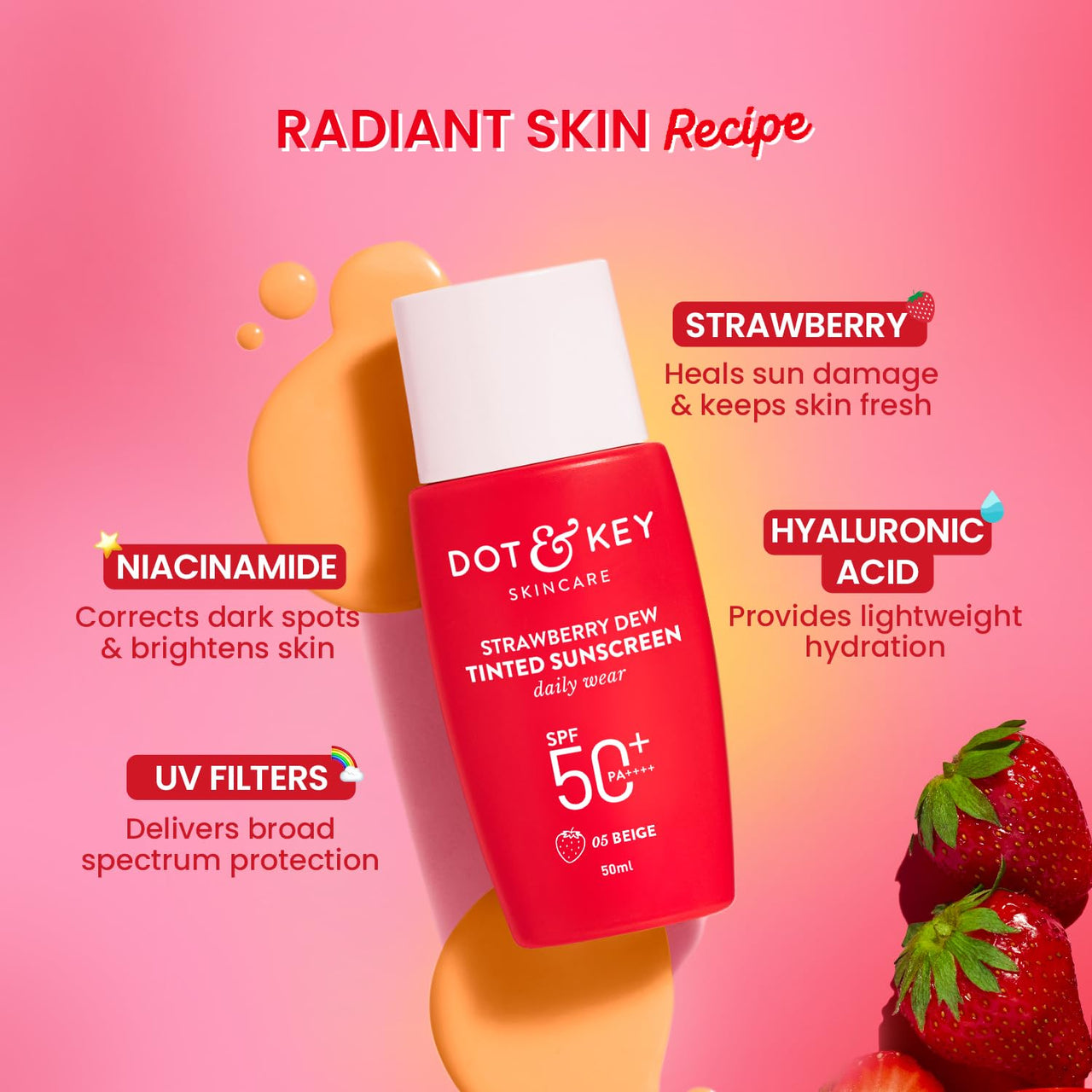 Dot & Key Strawberry Dew Tinted Sunscreen SPF 50+ Pa++++ - 05 Beige | Protection Against UA/UB | Broad Spectrum, Water & Sweat resistant | For All Skin Types | 50ml
