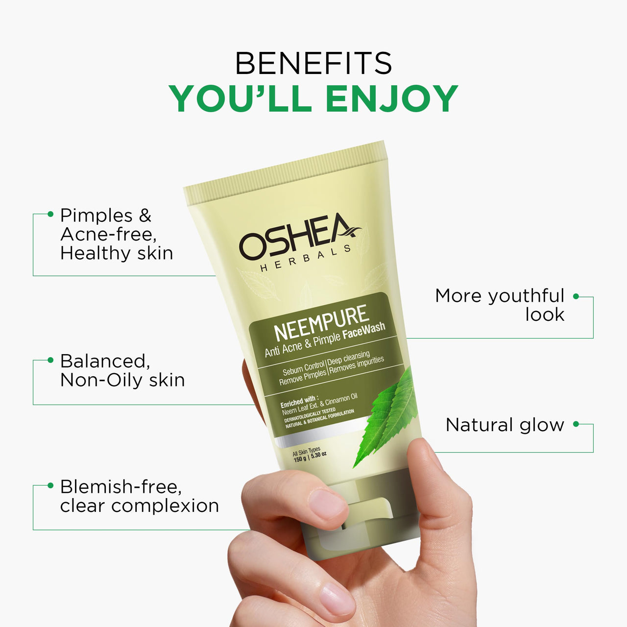 Oshea Herbals Neempure Anti Acne & Pimple Gel Face Wash for Men and Women | Deep Cleansing with Neem Extract & Cinnamon Oil | Controls Sebum, Removes Impurities & Pimples - 100gm