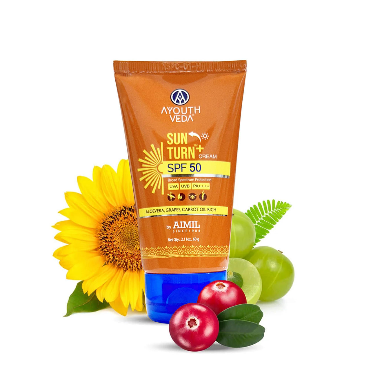 Ayouthveda Sun Turn + Cream SPF 50 With Micronized Zinc | PA++ | For UVA/UVB Sun Protection | Non-Greasy, Quick Absorbing | For All Skin Types | Enriched With Rosehip, Cranberry & Grape Seed Oil -60g