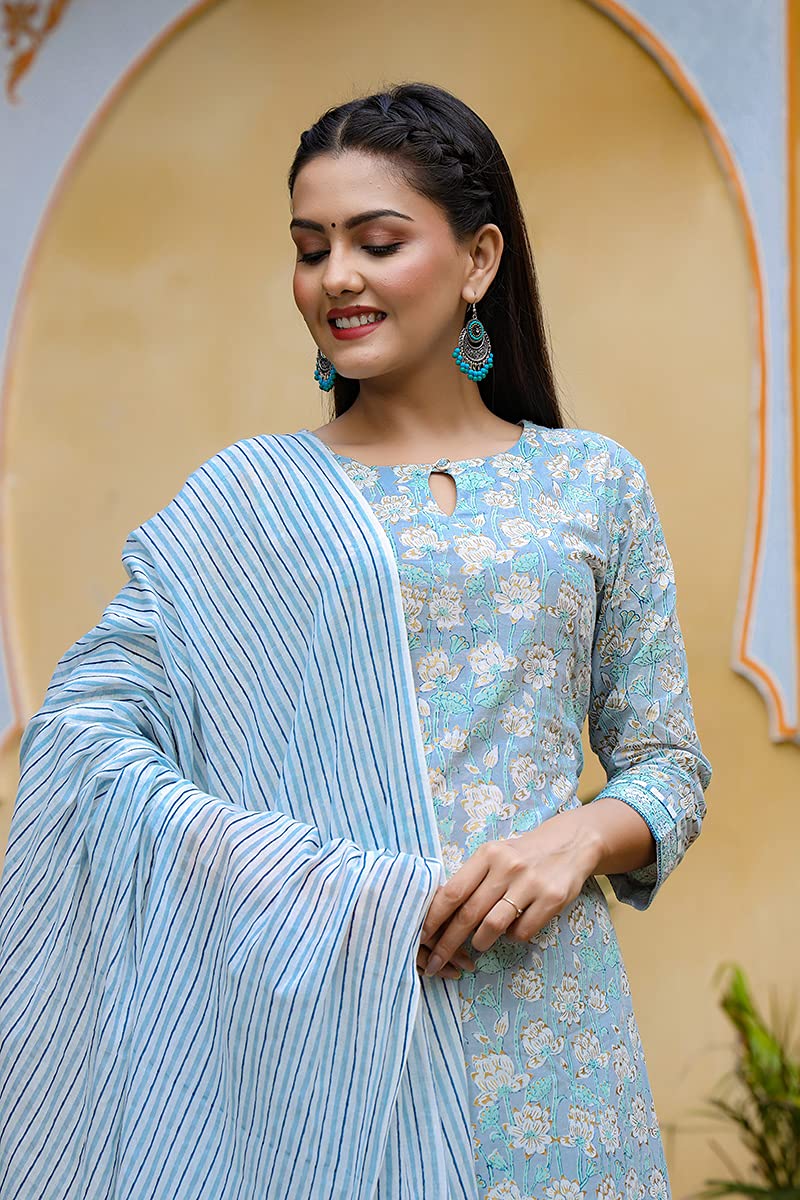 Vaamsi Cotton Printed Kurta Palazzo Dupatta Set (VKSKD1121_Blue)