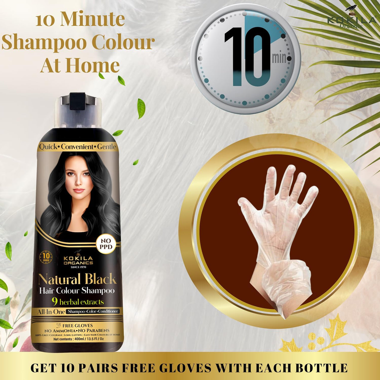 Kokila NO PPD Shampoo Hair Colour | Natural Extracts | Colours Hair in 10 Minutes | Ammonia Free, Paraben Free - 10 Pair Free Gloves - Black 400ml for Unisex