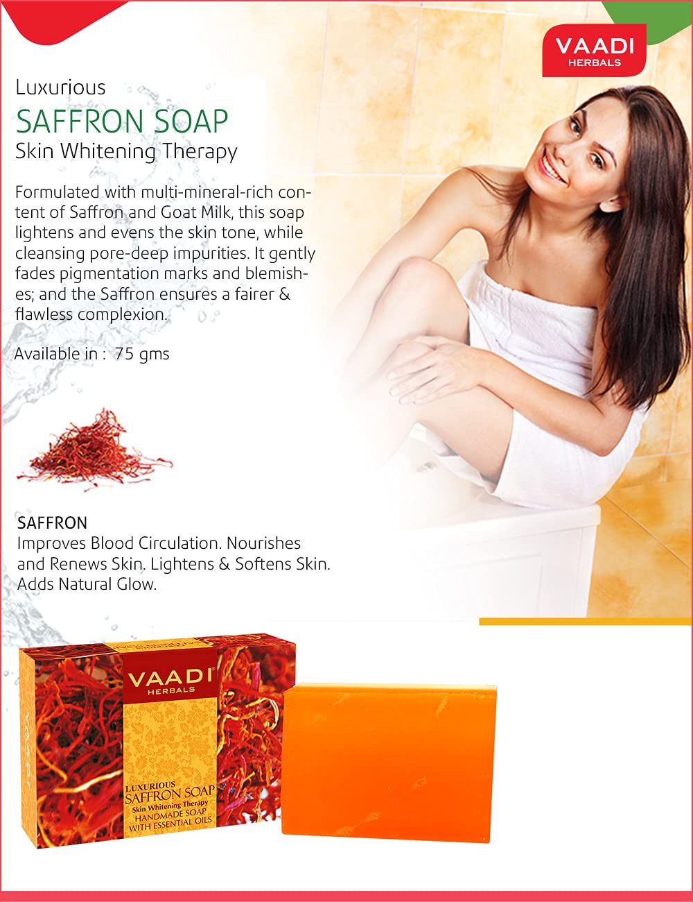 Vaadi Herbals Super Value Luxurious Saffron Skin Whitening Therapy Soap, 75g (Pack Of 6)