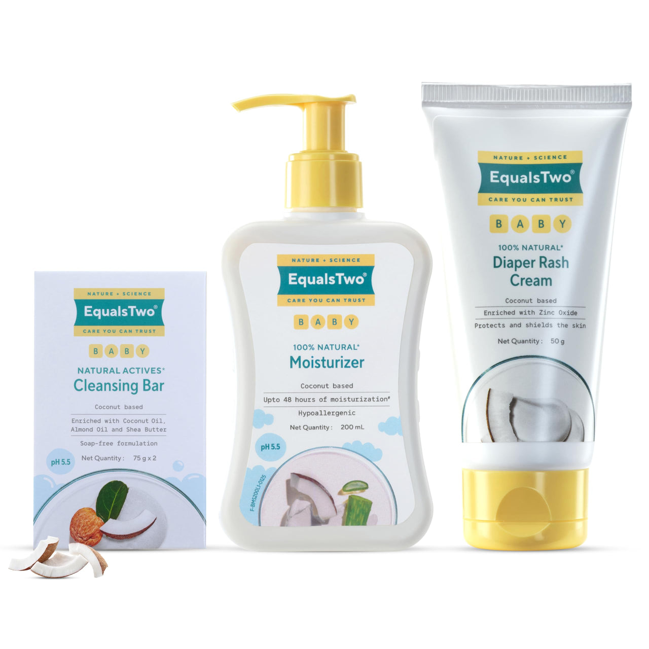 EQUALSTWO Baby Care Combo of Cleansing Bar (75 g x 2) + Baby Moisturizer (200ml) + Diaper Rash Oinment (50gm), All Skin Types, Hypoallergenic & Dermatologically Tested, Pack 3