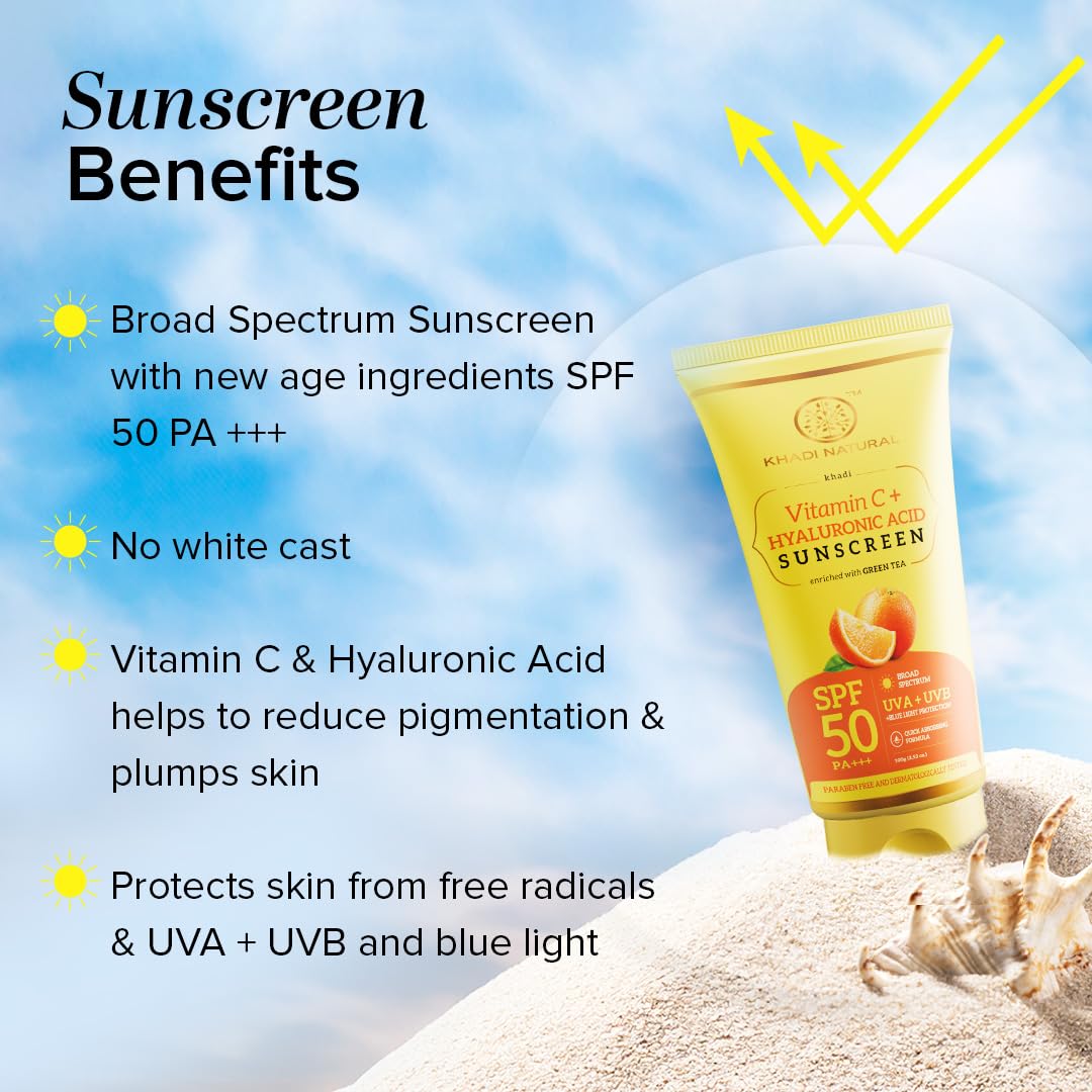 Khadi Natural Vitamin C + Hyaluronic Acid Sunscreen Aqua Gel Spf 50 Pa+++ For All Skin Types | Light Weight Formula | Provides Hydration | Non Sticky | No White Cast | 100Gm, 1 Count