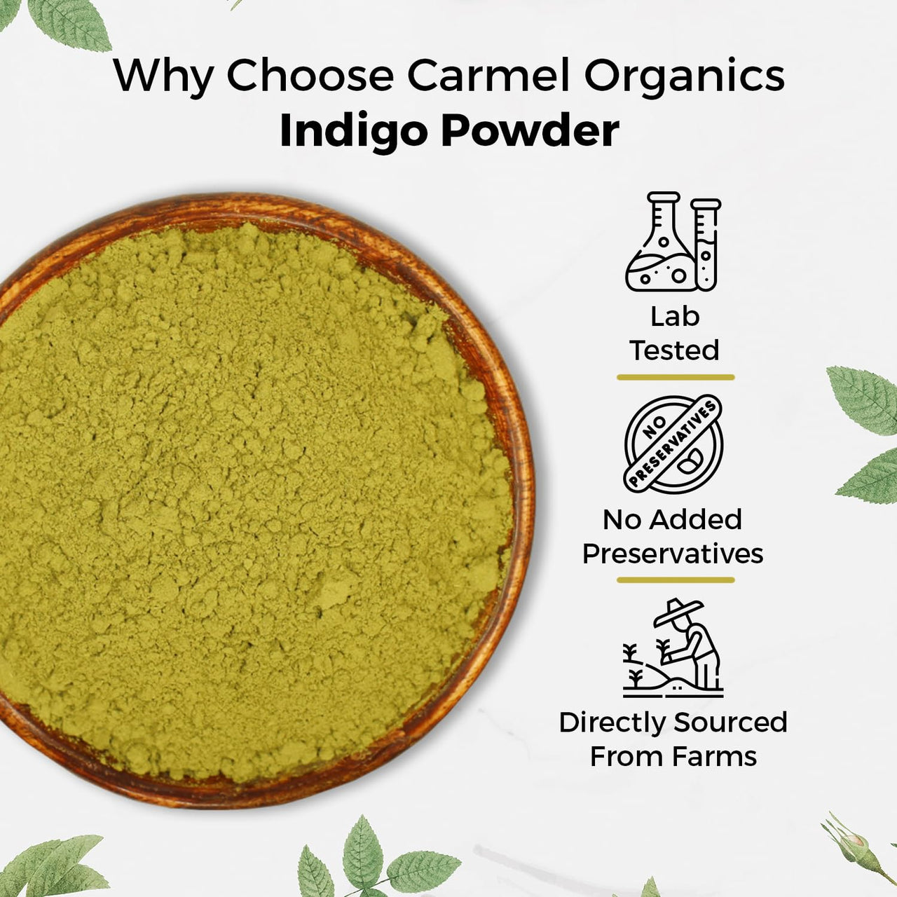 CARMEL ORGANICS Indigo Leaves Powder (800 Grams) – Natural Hair Colorant for Black/Brown Hair, Includes Gloves & Hair Cap, No Added Colors or Preservatives, Avuri Akulu, Indigofera
