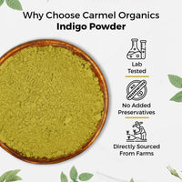CARMEL ORGANICS Indigo Leaves Powder (800 Grams) – Natural Hair Colorant for Black/Brown Hair, Includes Gloves & Hair Cap, No Added Colors or Preservatives, Avuri Akulu, Indigofera