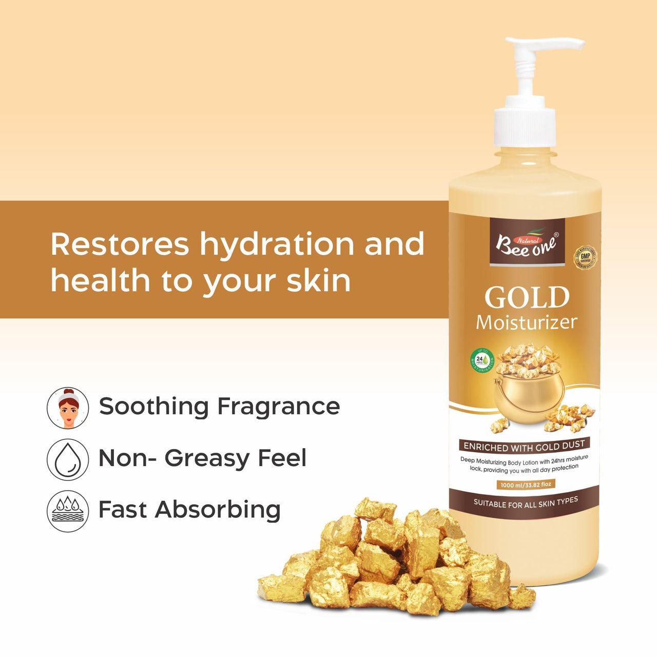 Bee One 24 hr Moisture Lock Body Lotion, for Soft and Supple Skin(Pack of 2) | 1000ml x 2= 2000ml (Gold)