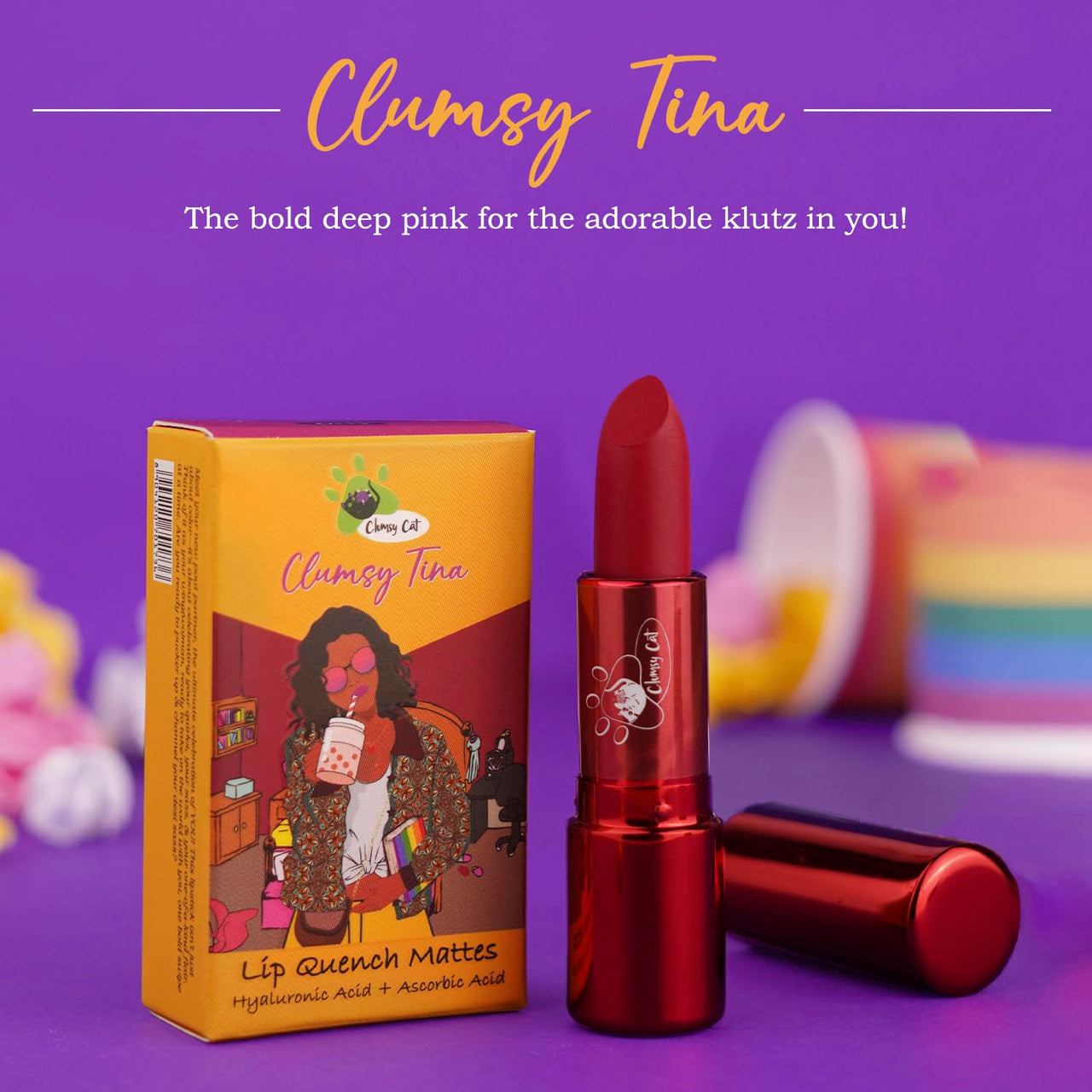 lumsy Cat Clumsy Tina Matte Lipstick – Magenta Shade | Long Lasting, Waterproof, Smudge-Proof & Non-Sticky | Bold Pink Lipstick for Women & Dusky Skin Tone | Hydrating Daily Use Lip Makeup for Office, College & Party