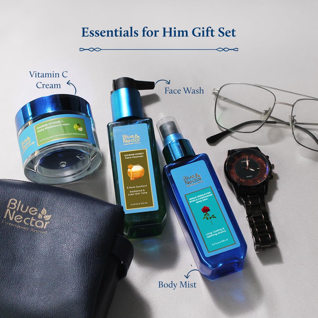 Blue Nectar Essentials Gift for Him | Plant Based Actives : Aloe Vera Honey Face Wash, Rose Body Mist & Natural Vitamin C Face Cream | Set of 3 | Men Gift Set for Anniversary & Birthday