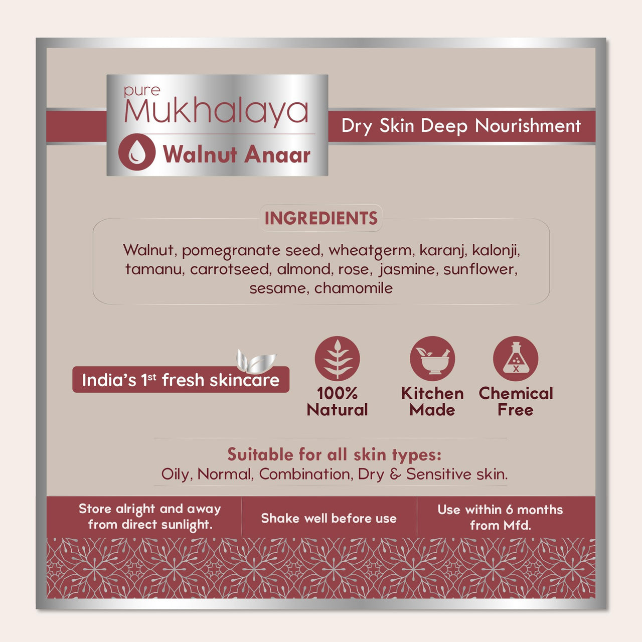 Nat Habit Walnut Anaar Mukhalaya, Face Oil For Women Dry Skin Deep Nourishment, with Blend of 12 Cold Pressed Oils For Dryness Reduction, 15ml