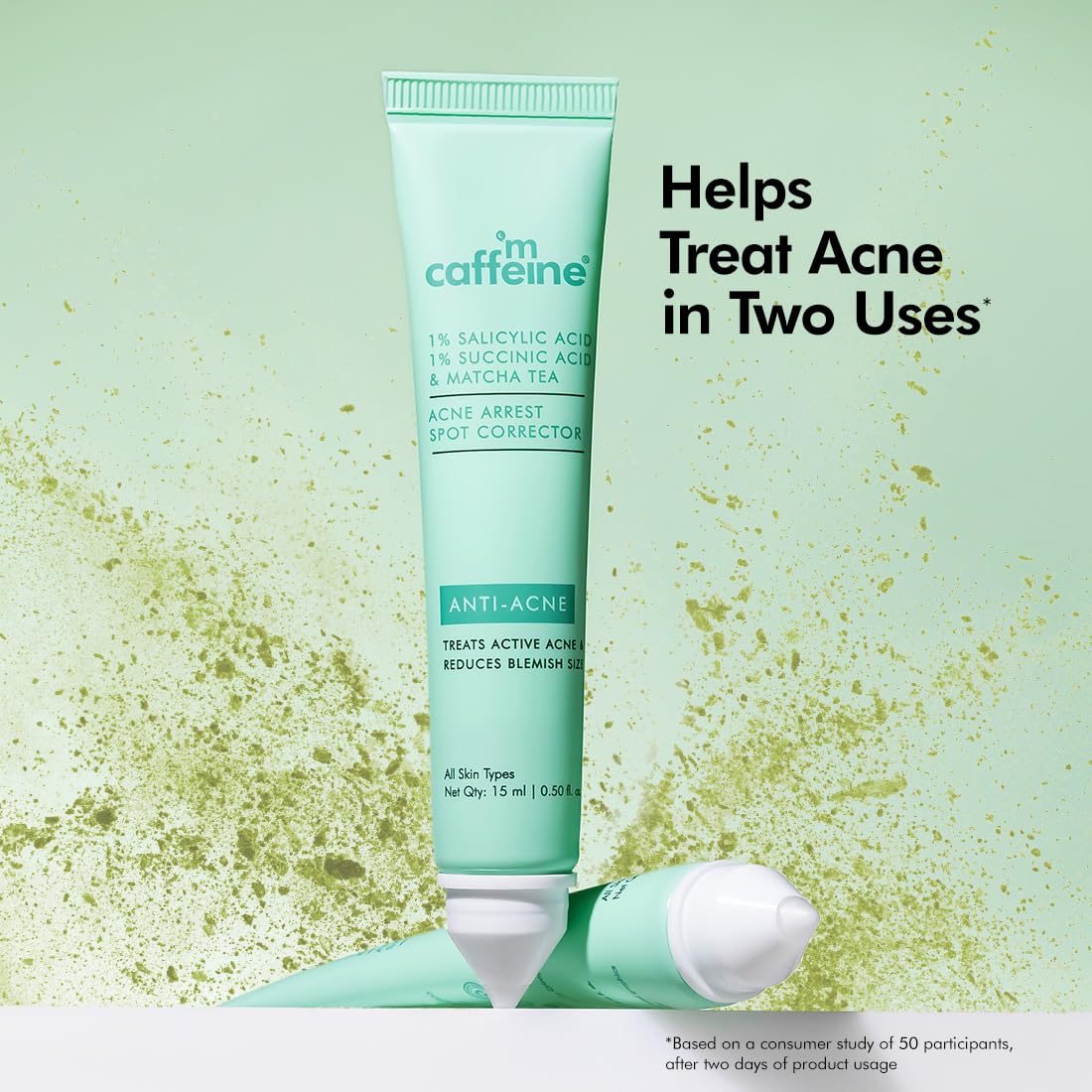 mCaffeine 1% Salicylic Acid Acne Arrest Spot Corrector with 1% Succinic Acid & Matcha Tea | Anti Acne Gel for Active Acne & Acne Scars | Reduces Acne Size & Redness | Soothing & Non-Drying for both Women and Men - 15 ml