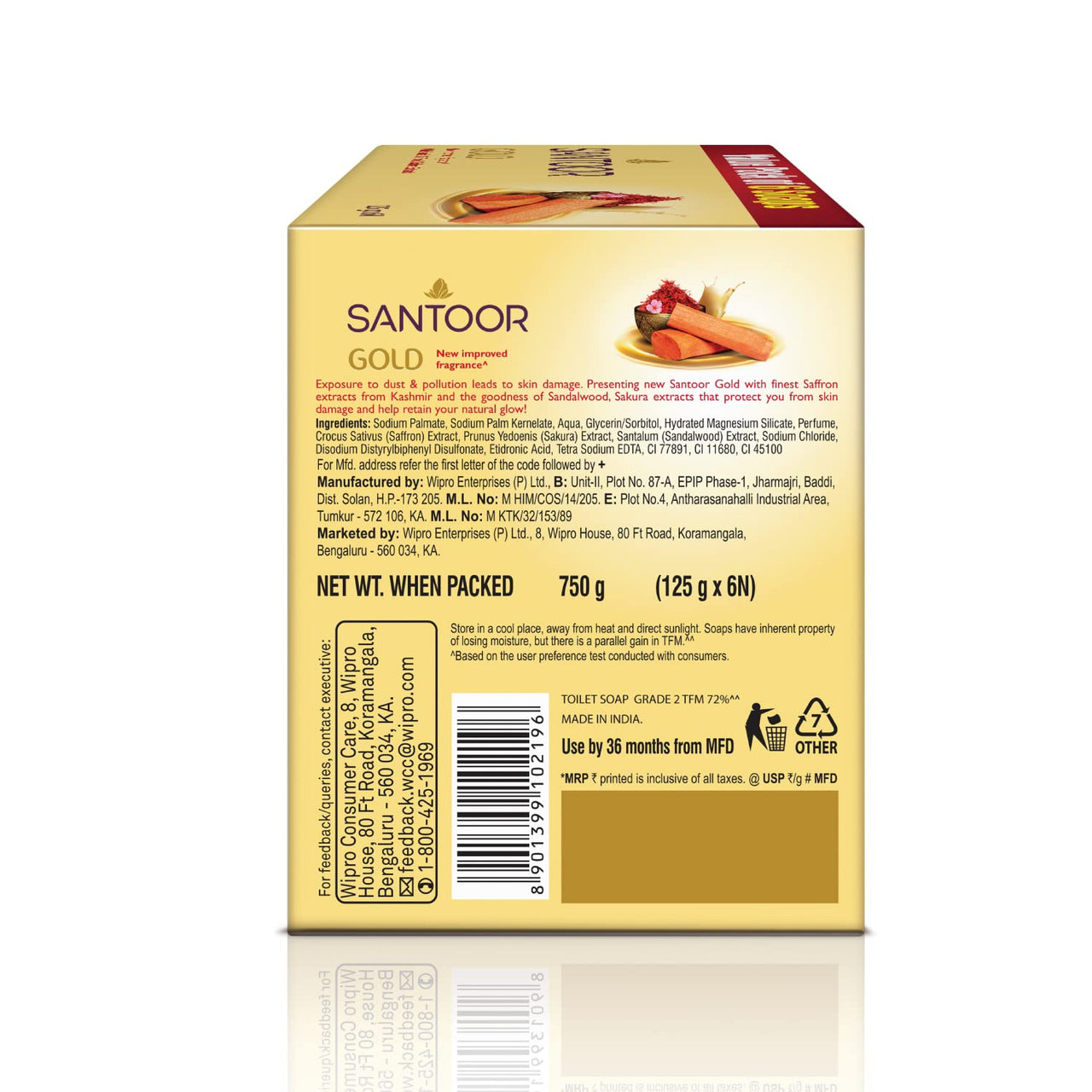 Santoor Gold Bathing Bar Soap with Kashmiri Saffron, Sandal & Sakura Extracts for Soft & Younger-Looking Skin| Gentle & Rich Lathering Formula with Refreshing Fragrance| For All Skin Types| 125g, Pack of 12