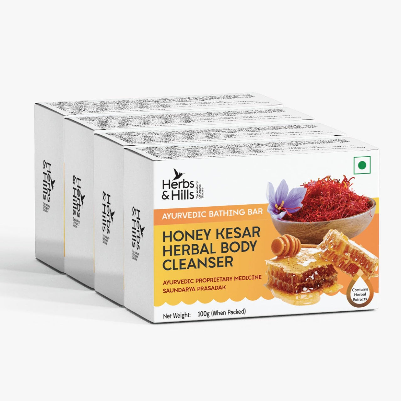 Herbs & Hills Honey Kesar Body Cleanser Pack of 4-100g Each | Gentle Exfoliation for Glowing Skin | Banish Pimples and Scars | Soothe Skin Irritations
