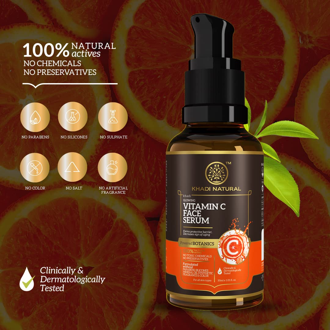 Khadi Natural Vitamin C Face Serum|Hydrates and repairs skin| Boosts collagen and elastin|Smoothens wrinkles| Suitable for all skin types| 30ml
