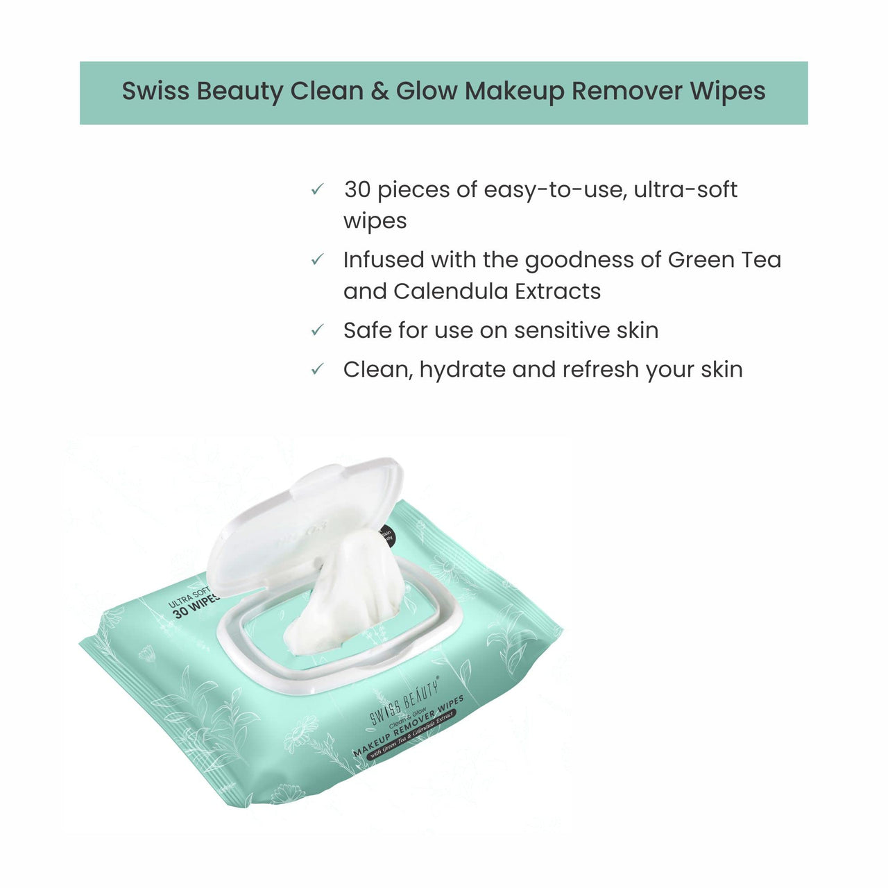 Swiss Beauty Clean & Glow Makeup Remover Wipes | With Green Tea And Calendula Extracts| Cleansing And Hydrating Facial Wipes| 30 Wipes