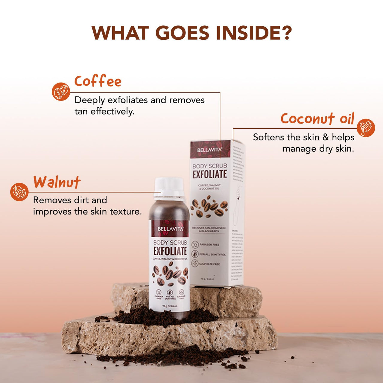Bella Vita Organic Exfoliate Coffee Scrub For Face & Body, Blackhead Remover, De Tan Removal Ayurveda, Dirt Removal From Neck, Knees, Elbows, Arms, Pack of 2 (75 gm Each)
