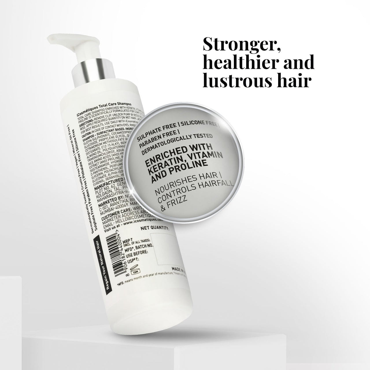 iCosmetiques Sulphate Free Shampoo |Reduces Hair Fall & Frizz |Keratin, Proline, B5 |Strengthens Roots | Silicone and Paraben Free |Unisex Total Care Formula |500ml