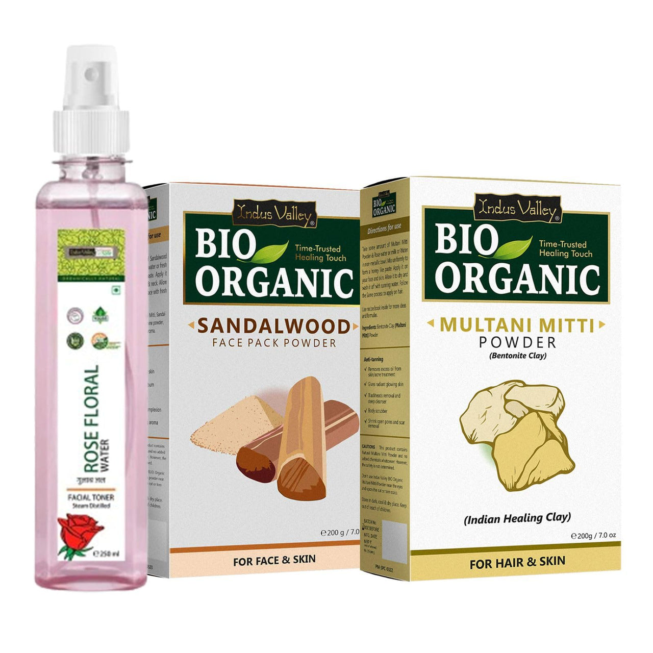 INDUS VALLEY Fresh Rose Water with Sandalwood Face Pack and Multani Mitti Powder | Healing Clay | Bentonite clay - For Face and Skin Care (250ml,200g + 200g=400g)