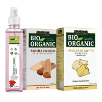 INDUS VALLEY Fresh Rose Water with Sandalwood Face Pack and Multani Mitti Powder | Healing Clay | Bentonite clay - For Face and Skin Care (250ml,200g + 200g=400g)