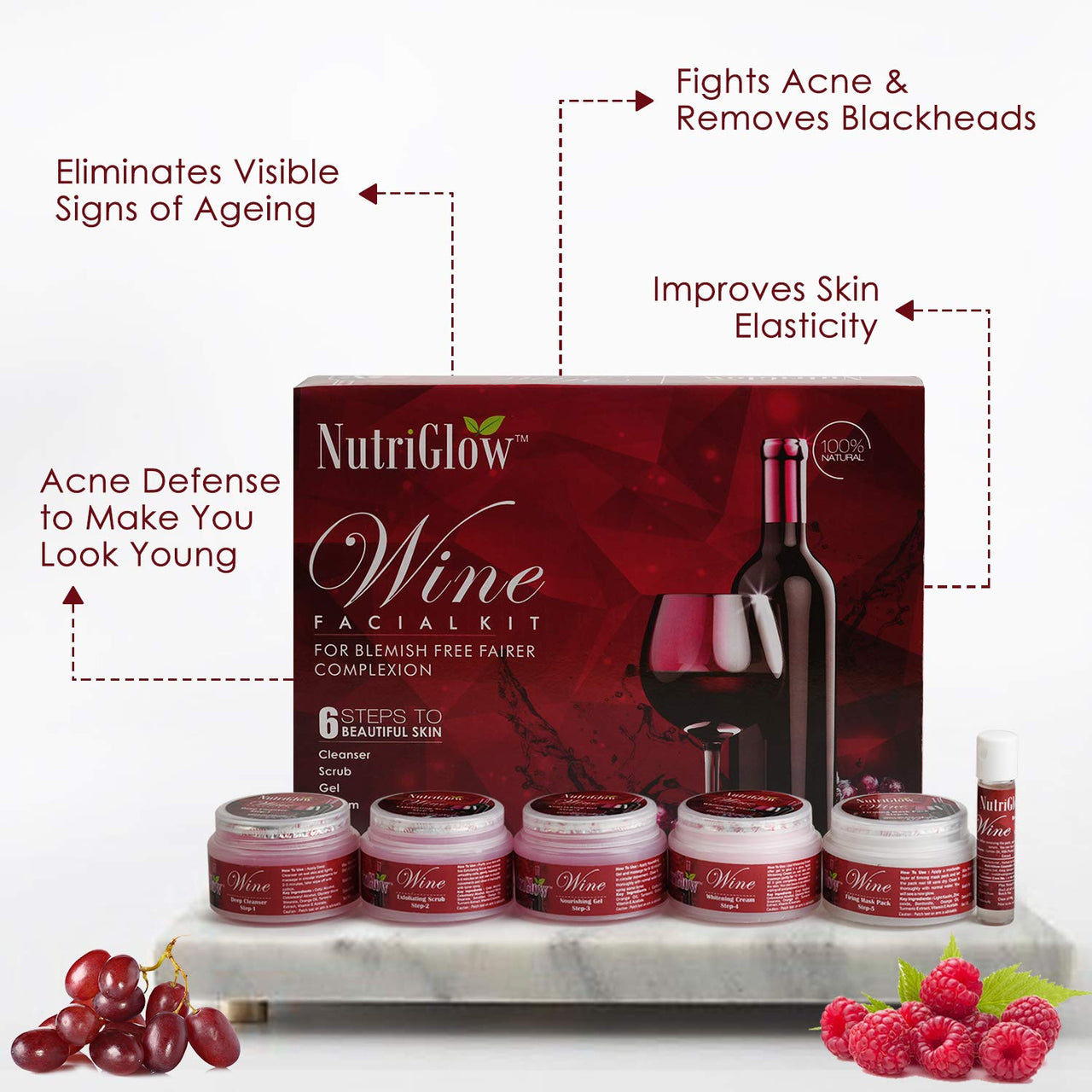 NutriGlow Wine Facial Kit with Red Grape Extracts – 6-Step Skincare Routine for All Skin Types, 260g | Includes Free 5-in-1 Face Massager for Men & Women