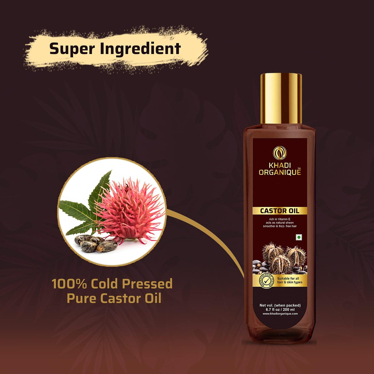 Khadi Organique Cold Pressed Castor Oil for Healthy Hair, Skin & Nails | Natural Oil for Hair Growth, Skin Care, Moisturizing Dry Skin, Nails, Eyelashes | Pure & Virgin Grade Castor Oil - 200ml
