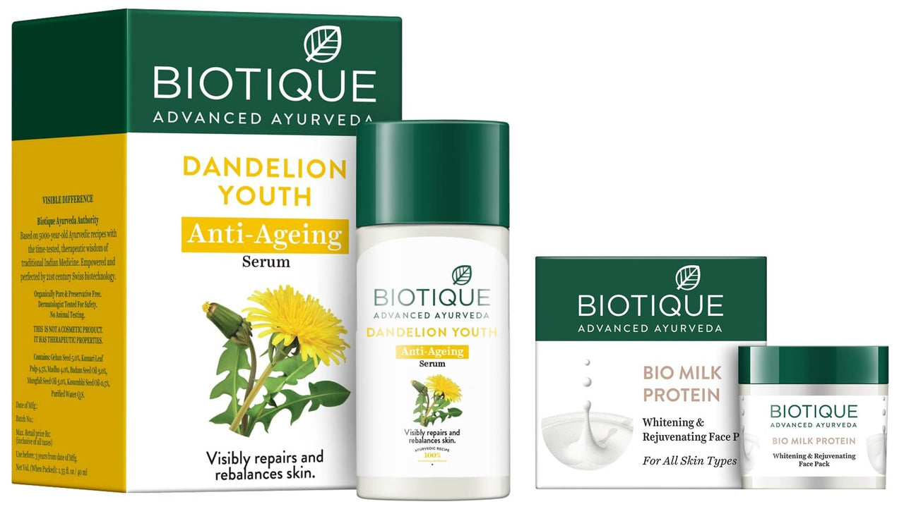 Biotique Bio Milk Protein Whitening & Rejuvenating Face Pack For All Skin Types, 50G And Dandelion Visibly Ageless Serum, 40 ml