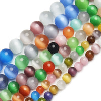 70PCS Natural 8MM Healing Gemstone, Synthetic Cat’s Eye Energy Stone Round Loose Beads, Semi-Precious Crystal Beads with Free Elastic String for Jewelry Making DIY