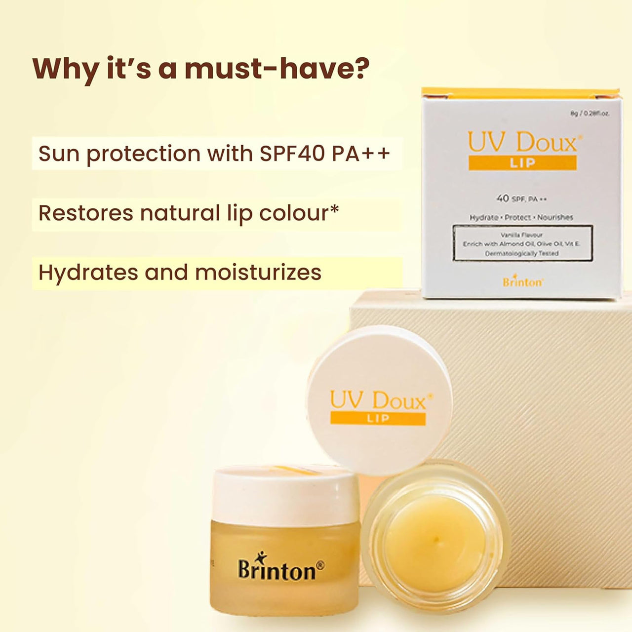 UV Doux Lip Lightening Balm with SPF 40 PA ++ | Enriched with Almond Oil, Olive Oil & Vitamin E | Restores Natural Lip Colour | Hydrates, Protects, Nourishes | Expert Care, Dermatologically Approved , 8gm