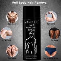 Mancode Hair Removal Cream Spray for Men, Hair removal spray for men, Painless Body Hair Removal for Back, Chest, Legs, Arms, Underarms & Intimate Areas, Fast Acting in 3-6 Minutes (200 ml)